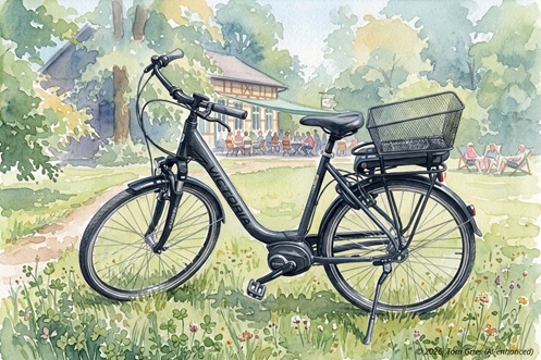Ein E.Bike steht vor dem Schweizerhaus in Tating, Fahrradverleih Flor in SPO