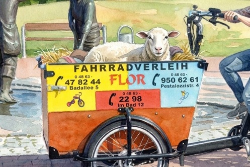 Ein E-Bike Babboe DOG ELEKTRO steht am Marktplatz, Fahrradverleih Flor in SPO