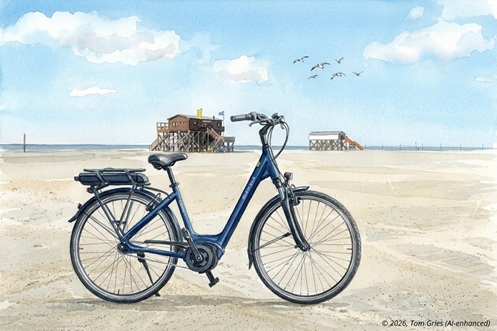 Ein E-Bike steht am Ordinger Strand, Fahrradverleih Flor in SPO