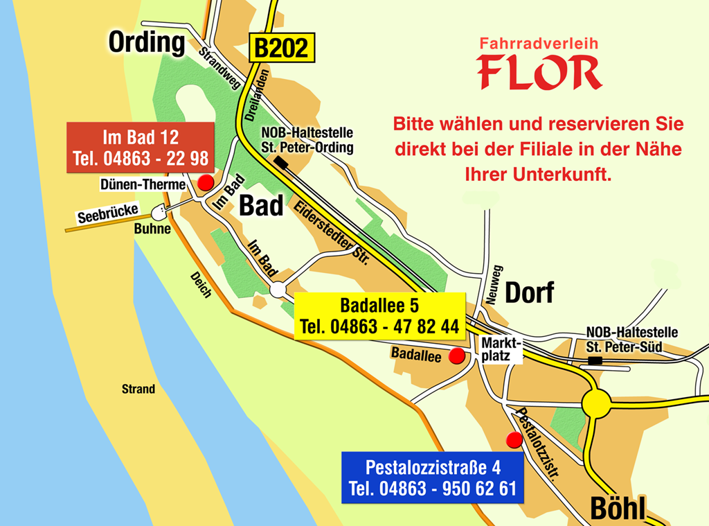 Lageplan der 3 Filialen von Fahrradverleih Flor in St. Peter-Ording Dorf, Bad und Böhl